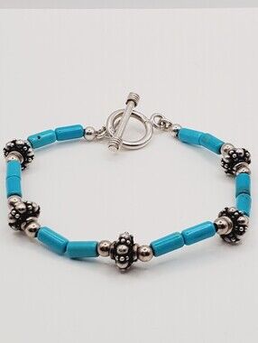 Genuine Turquoise Beaded Accent 925 Sterling Silver Bracelet - Women Jewelry